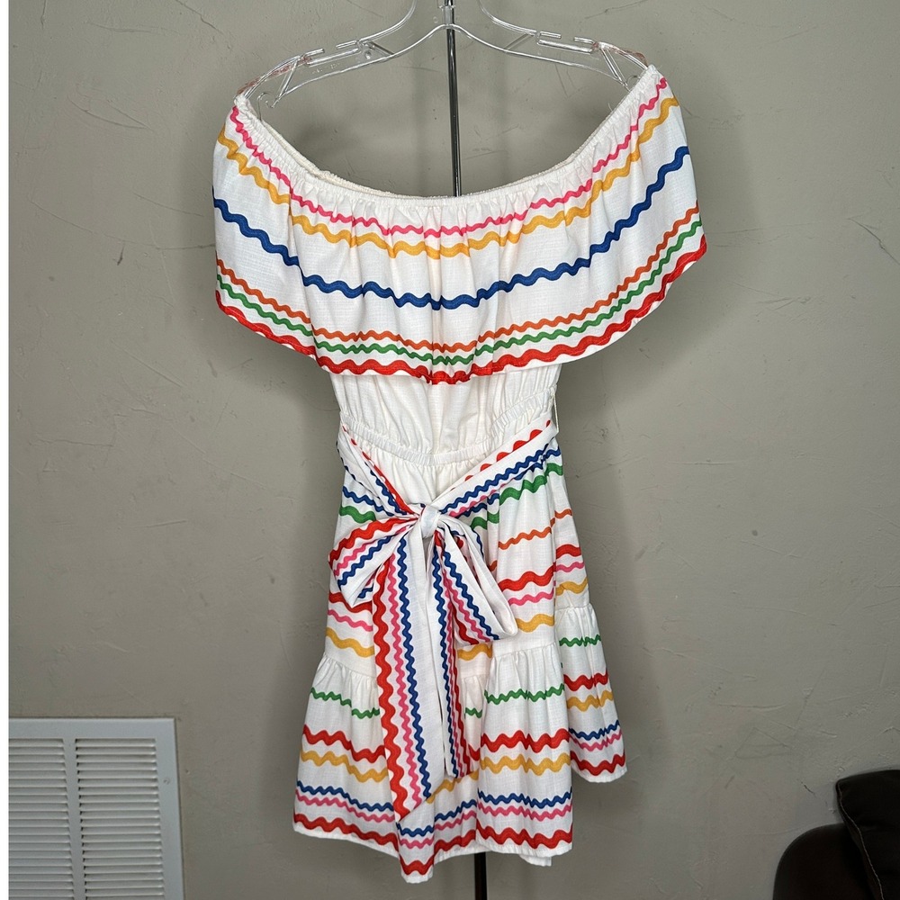 Flying Tomato Rainbow Ric Rac Off Shoulder Mini Dress White  Womens Small